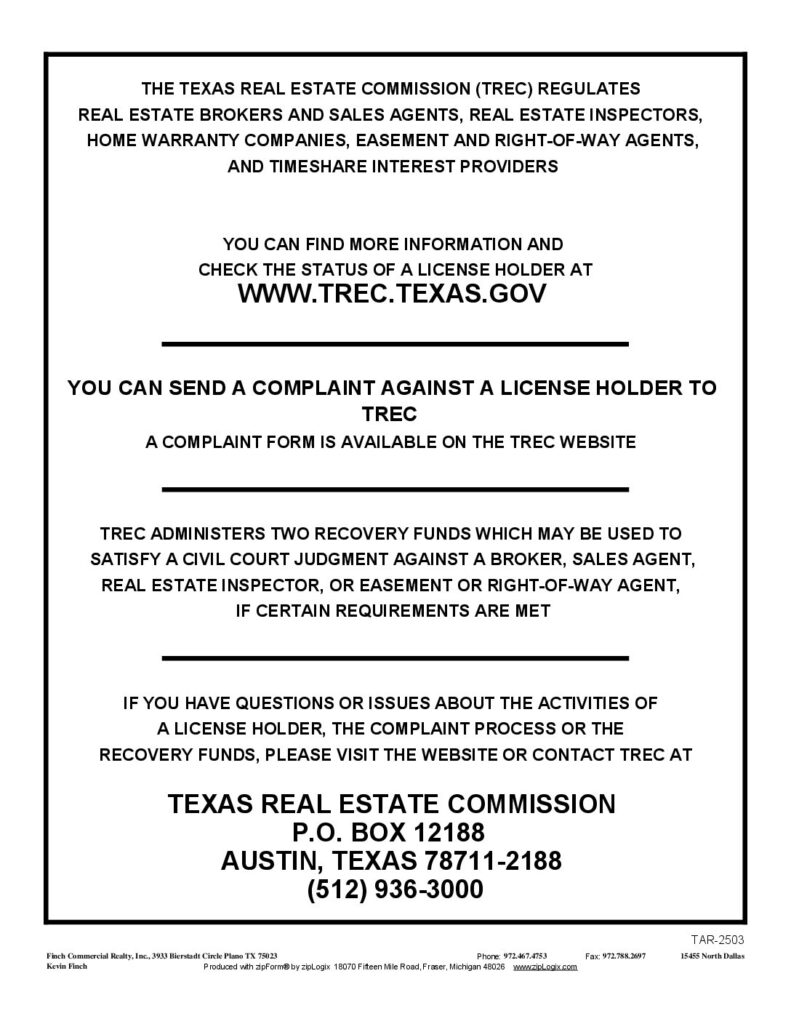 Texas Real Estate Commission Consumer Protection Notice